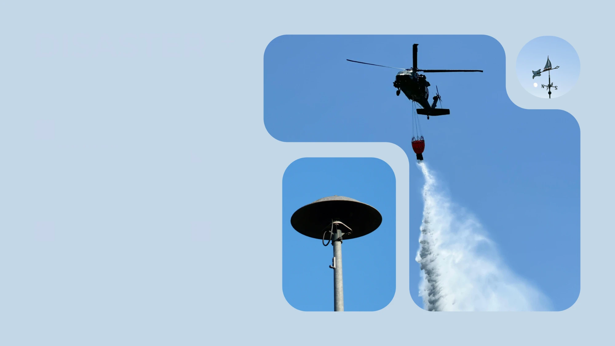 A firefighting helicopter dropping water, a warning siren and a weathervane, in rounded frames